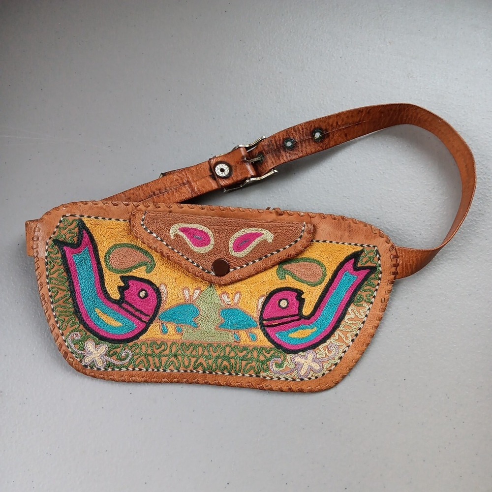 Vintage  Brown Leather Embroidered Belt Bag Colorful Bright Birds Bohemian OOAK